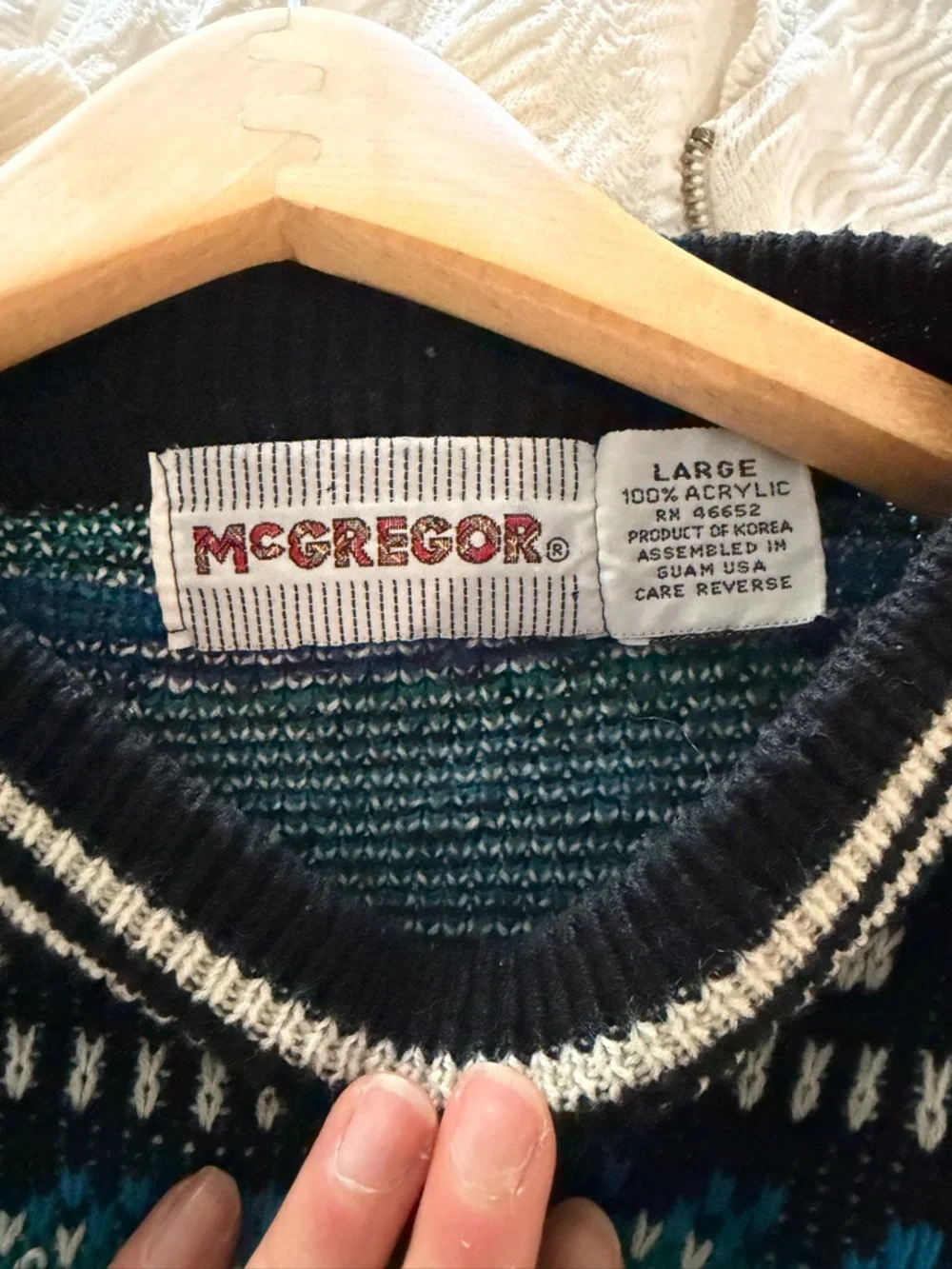 Vintage McGregor Black Crewneck Sweater with Blue, Teal & Purple Fair Isle